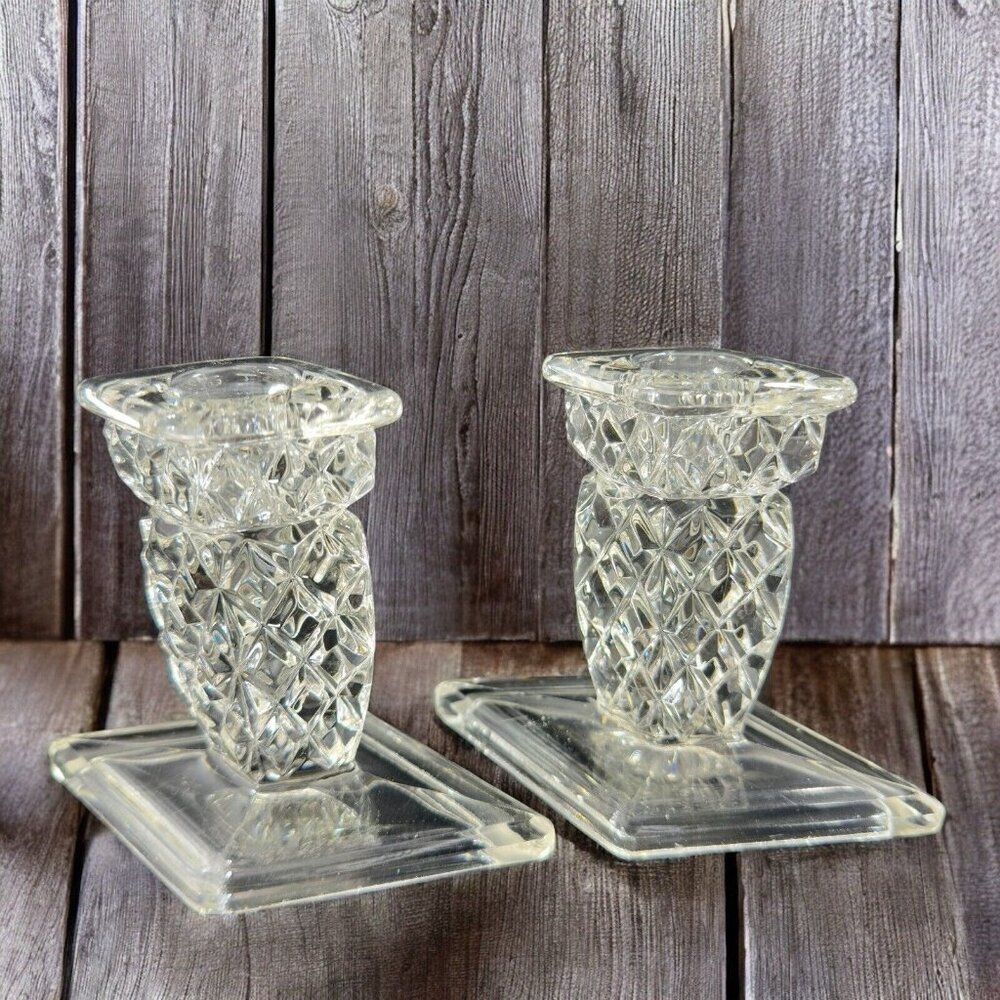 Vintage Clear Candle Stick‎ Holder Set 2 Votive Candle Holders Art Deco Decor